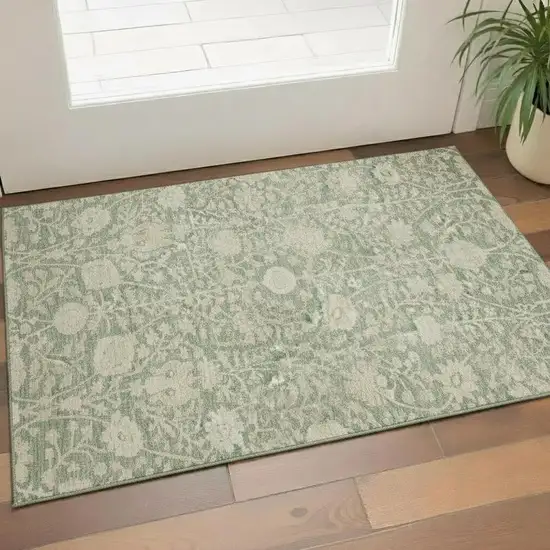 Artichoke Green And Beige Floral Washable Area Rug With UV Protection Photo 2