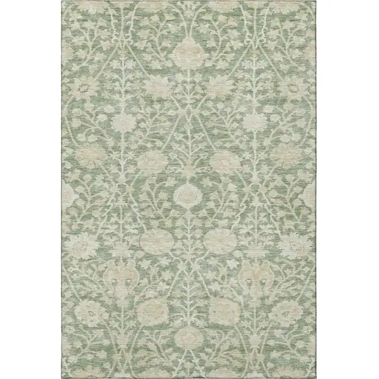 Artichoke Green And Beige Floral Washable Area Rug With UV Protection Photo 3