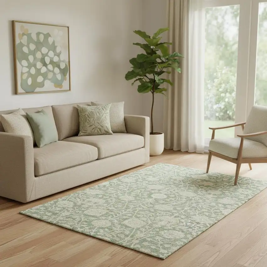 Artichoke Green And Beige Floral Washable Area Rug With UV Protection Photo 2