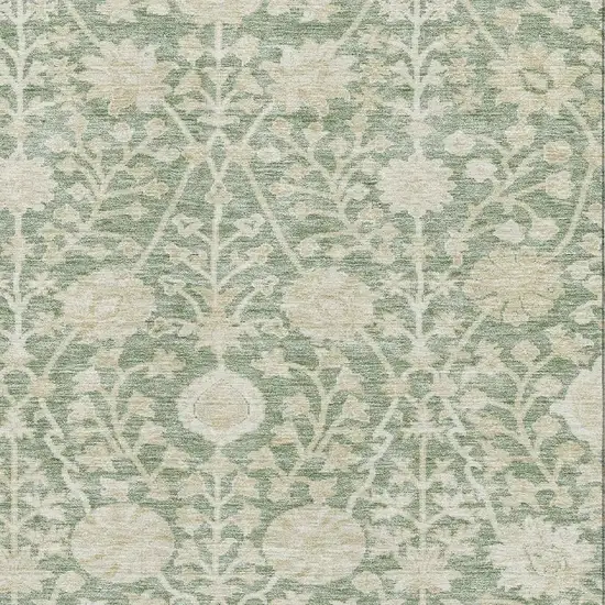 Artichoke Green And Beige Floral Washable Area Rug With UV Protection Photo 2