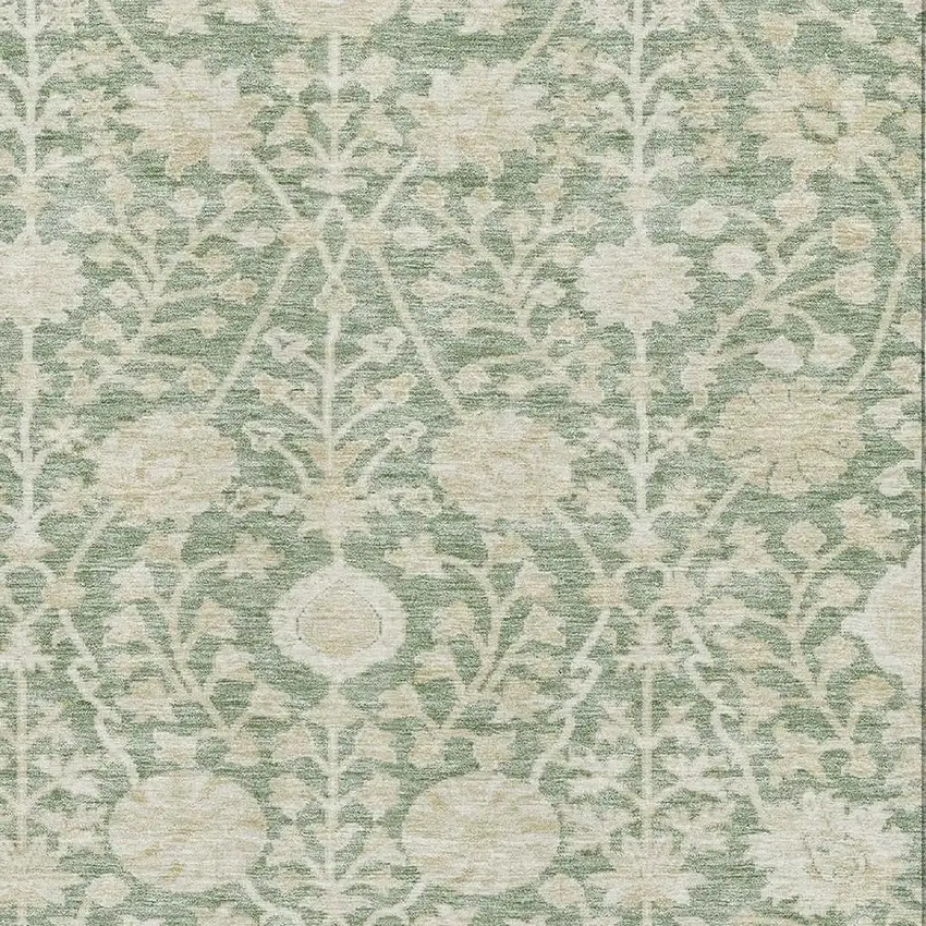 Artichoke Green And Beige Floral Washable Area Rug With UV Protection Photo 2