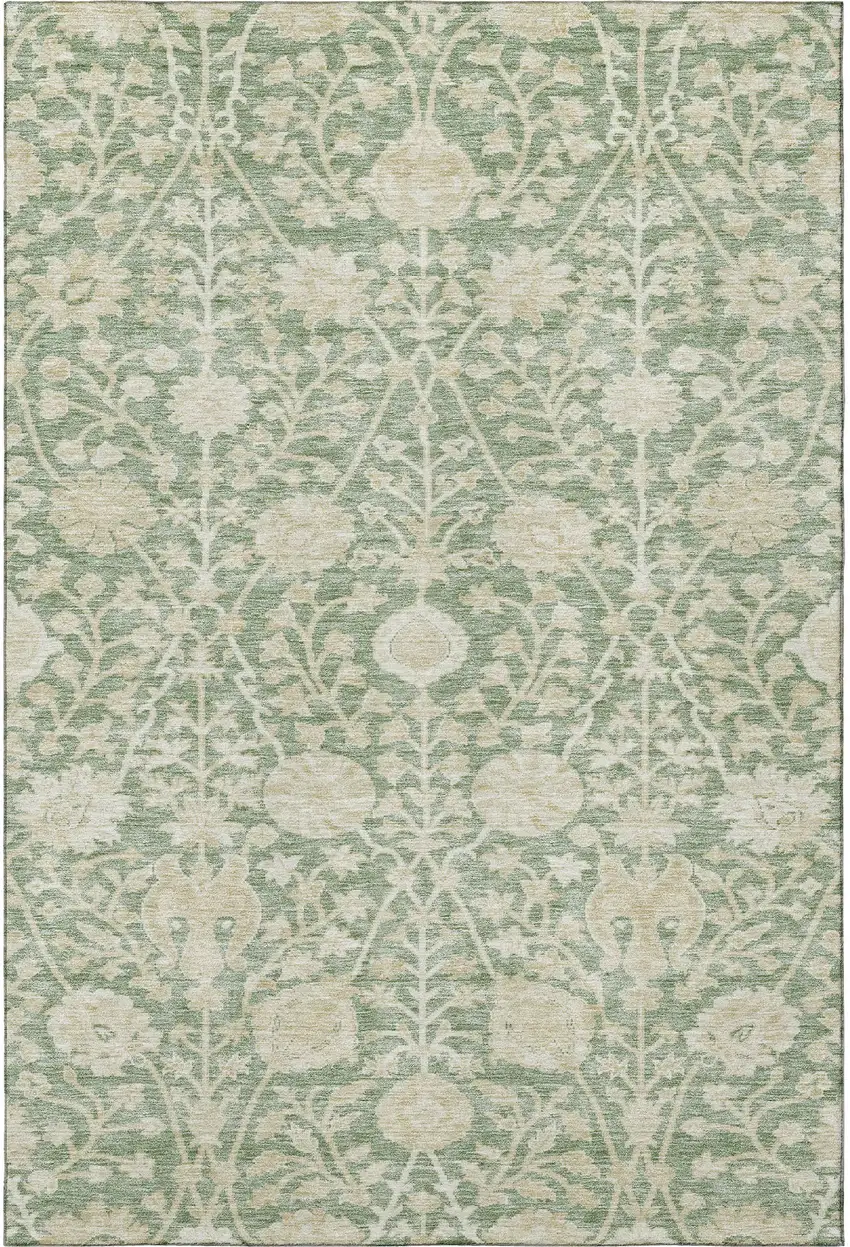 Artichoke Green And Beige Floral Washable Area Rug With UV Protection Photo 3