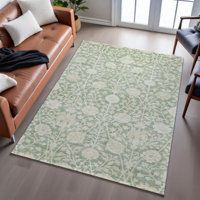 Artichoke Green And Beige Floral Washable Area Rug With UV Protection Photo 5