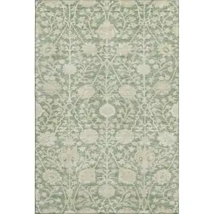 Photo of Artichoke Green And Beige Floral Washable Area Rug With UV Protection