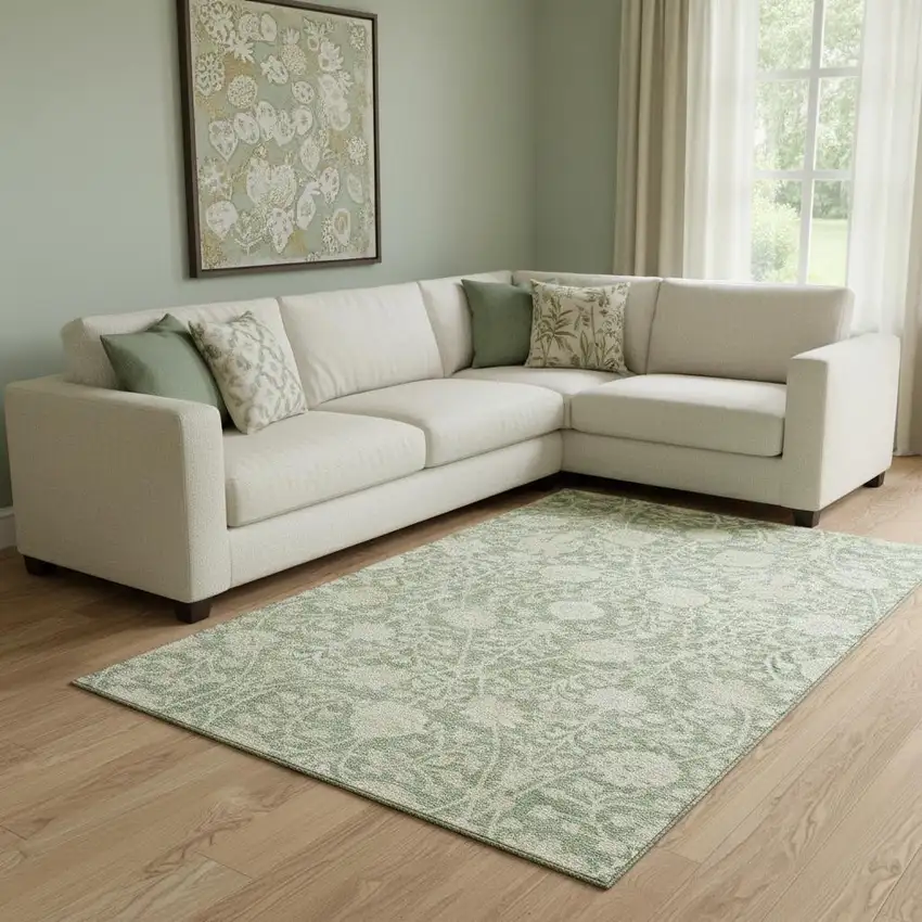 Artichoke Green And Beige Floral Washable Area Rug With UV Protection Photo 2