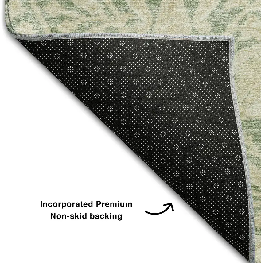 Artichoke Green And Beige Floral Washable Area Rug With UV Protection Photo 6