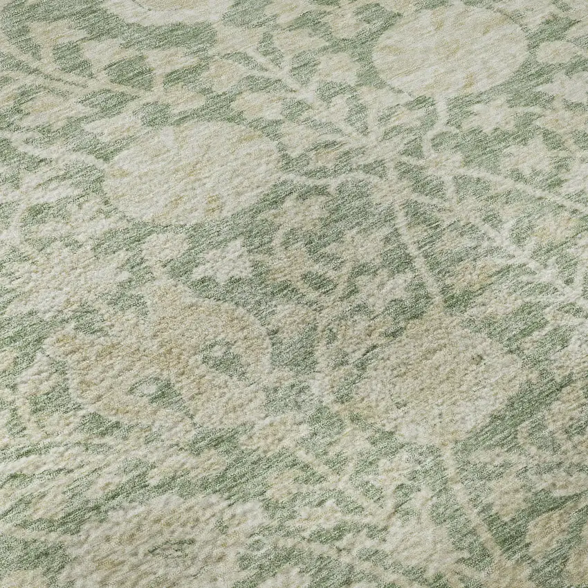 Artichoke Green And Beige Floral Washable Area Rug With UV Protection Photo 9