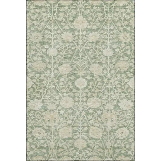 Artichoke Green And Beige Floral Washable Area Rug With UV Protection Photo 1