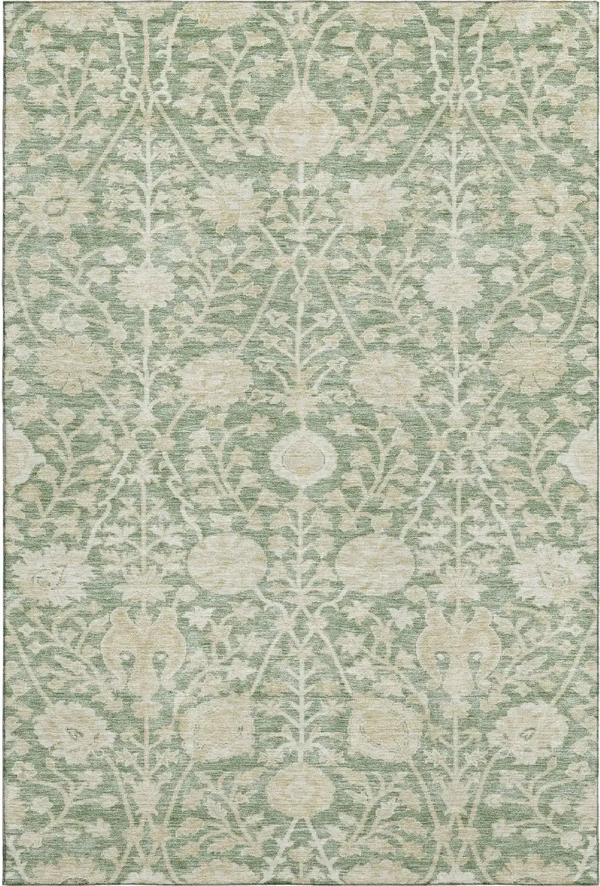 Artichoke Green And Beige Floral Washable Area Rug With UV Protection Photo 1
