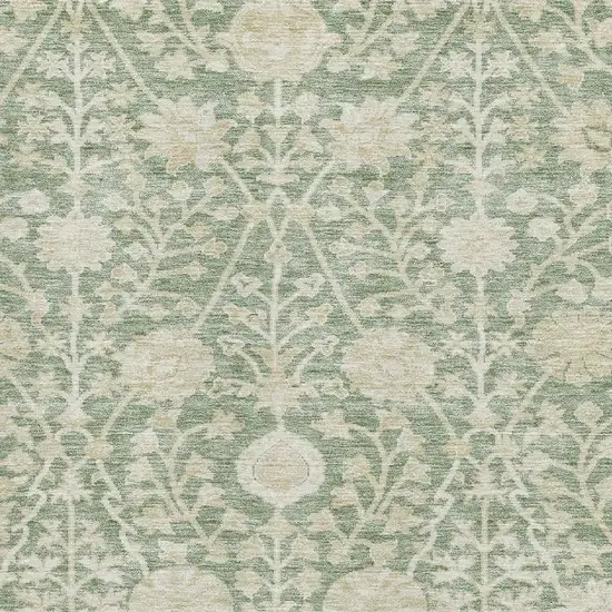 Artichoke Green And Beige Floral Washable Area Rug With UV Protection Photo 2