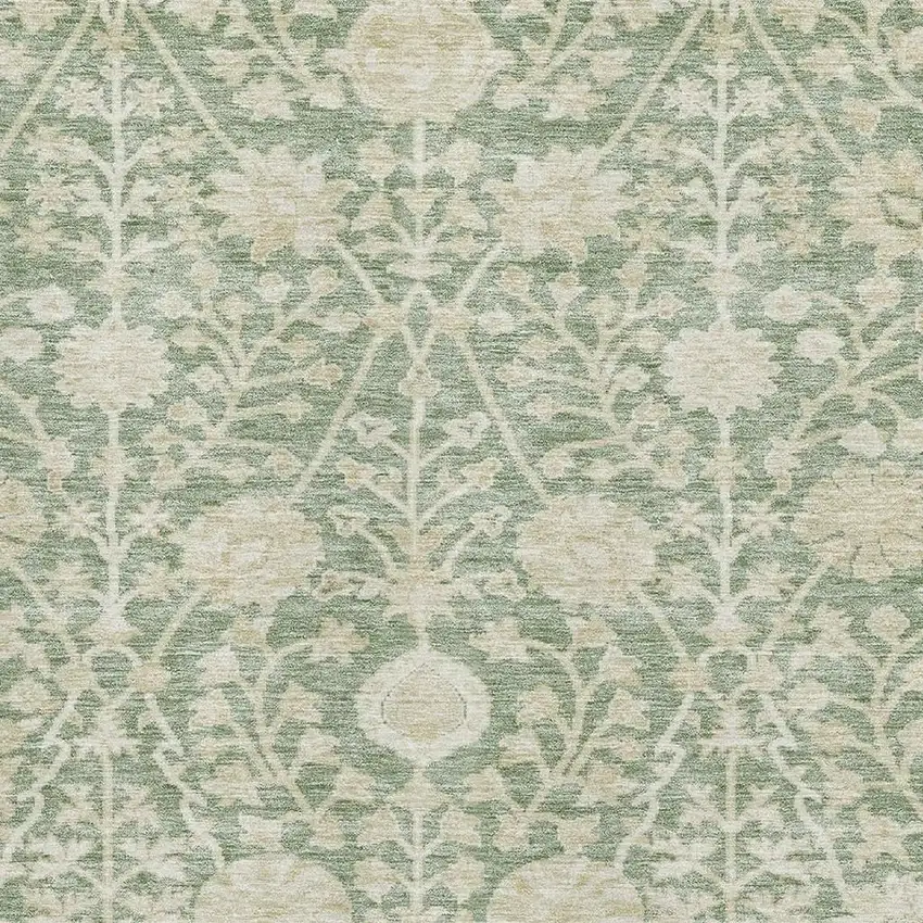 Artichoke Green And Beige Floral Washable Area Rug With UV Protection Photo 2