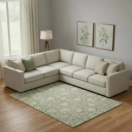 Artichoke Green And Beige Floral Washable Area Rug With UV Protection Photo 2