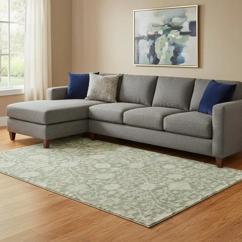 Artichoke Green And Beige Floral Washable Area Rug With UV Protection Photo 2