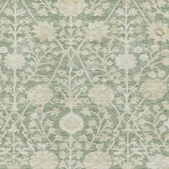 Artichoke Green And Beige Floral Washable Area Rug With UV Protection Photo 2