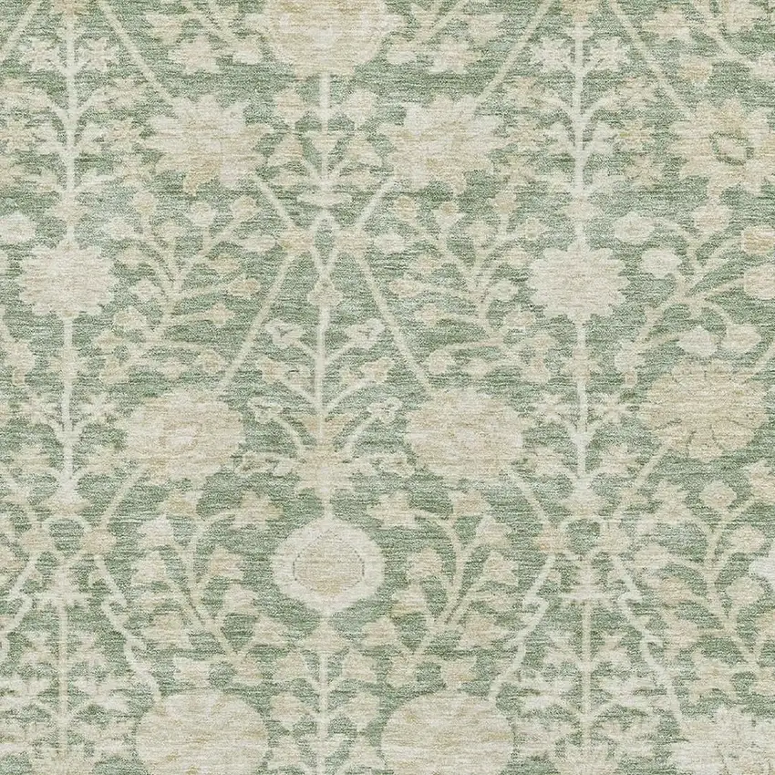 Artichoke Green And Beige Floral Washable Area Rug With UV Protection Photo 2