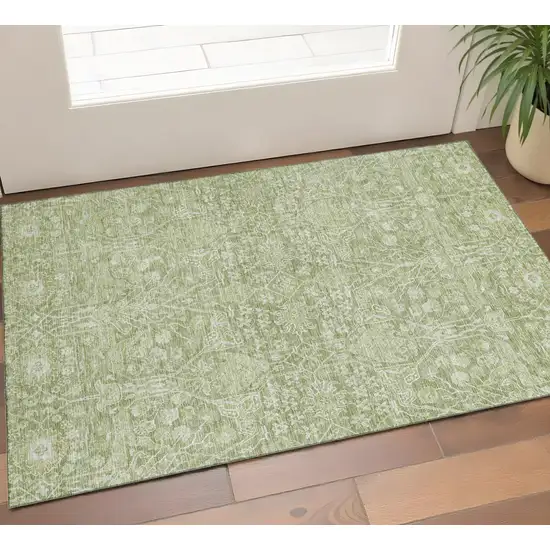 Artichoke Green And Beige Floral Washable Area Rug With UV Protection Photo 1