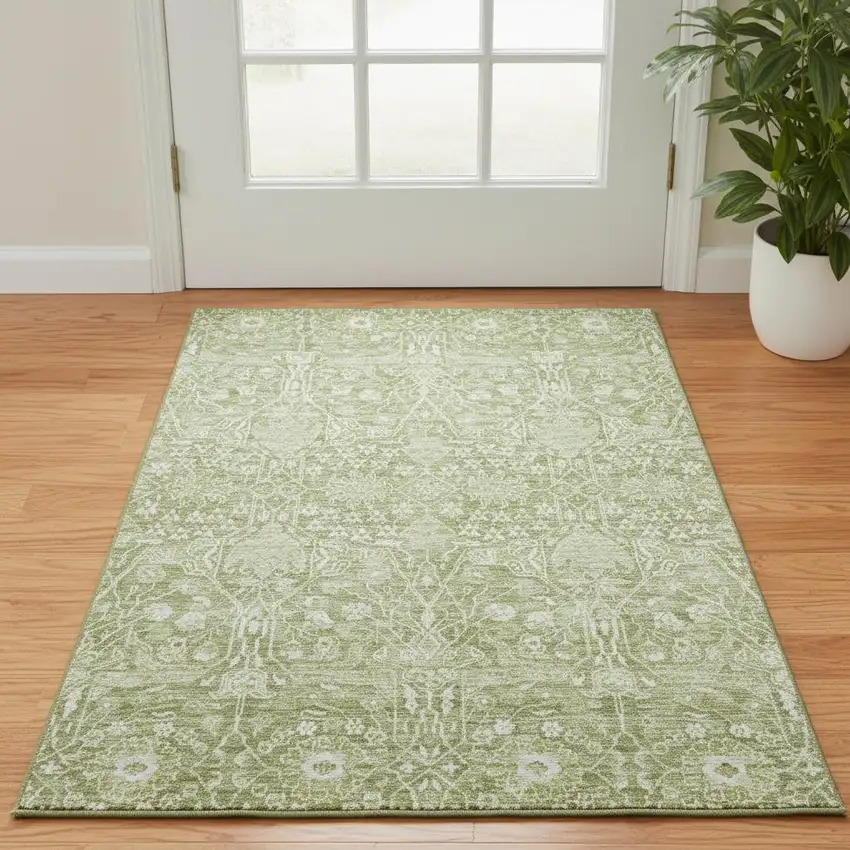 Artichoke Green And Beige Floral Washable Area Rug With UV Protection Photo 2