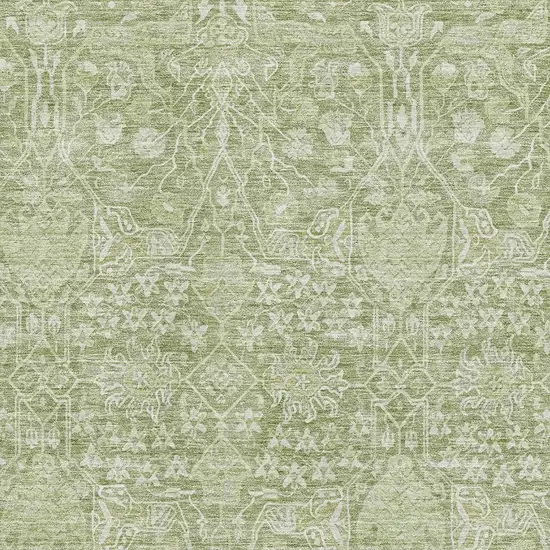 Artichoke Green And Beige Floral Washable Area Rug With UV Protection Photo 2