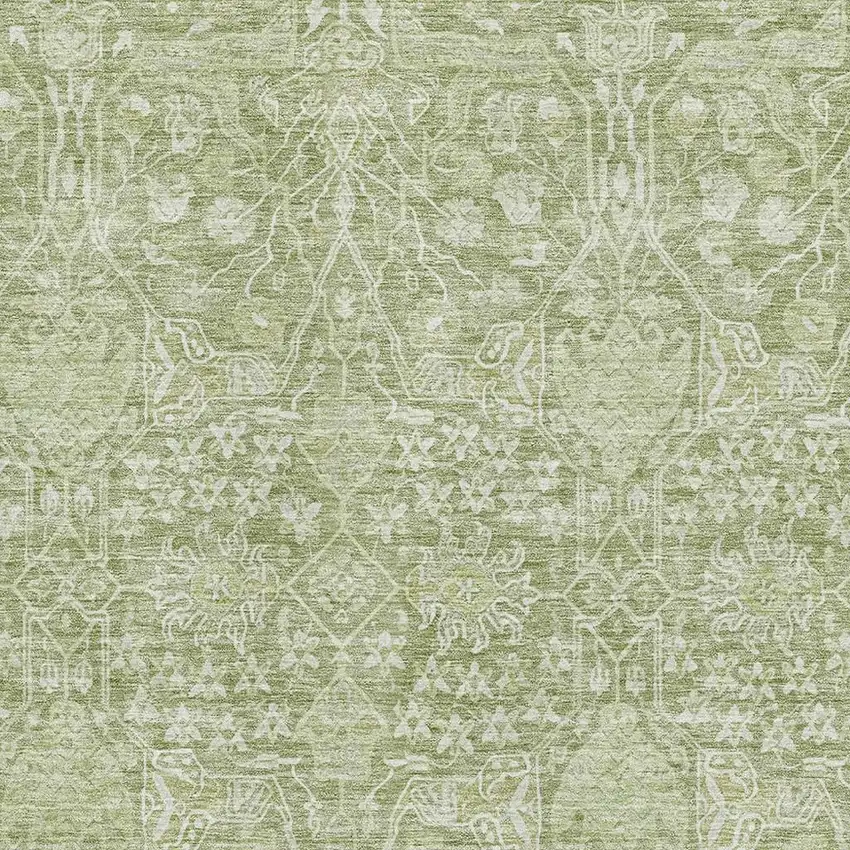 Artichoke Green And Beige Floral Washable Area Rug With UV Protection Photo 2