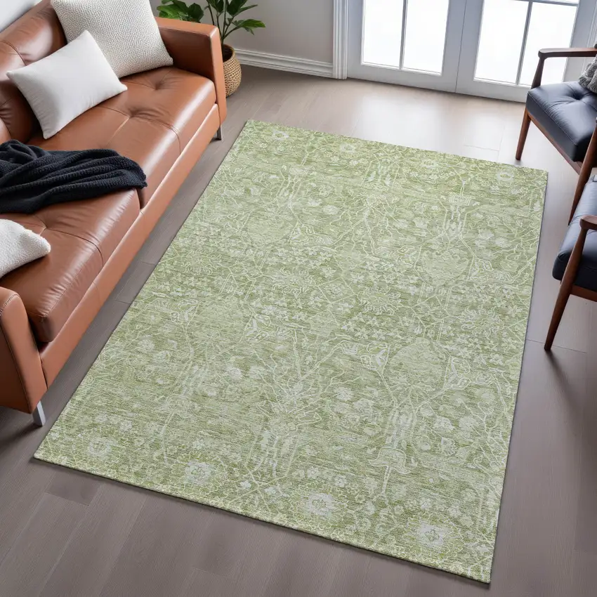 Artichoke Green And Beige Floral Washable Area Rug With UV Protection Photo 5