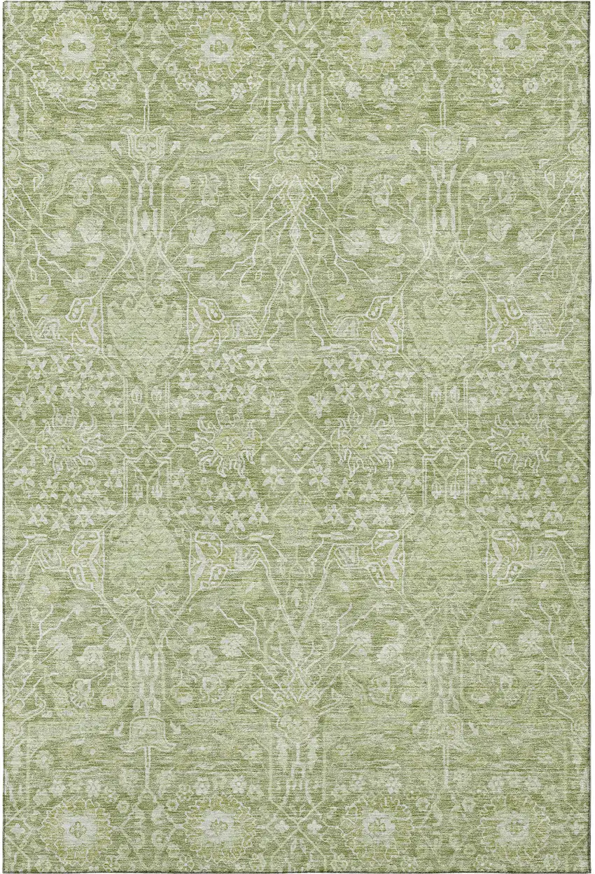 Artichoke Green And Beige Floral Washable Area Rug With UV Protection Photo 3