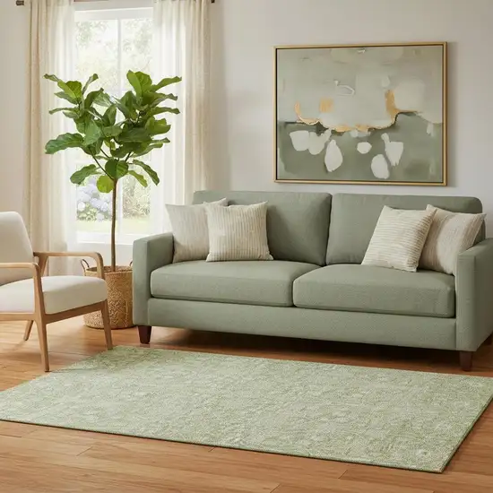 Artichoke Green And Beige Floral Washable Area Rug With UV Protection Photo 2