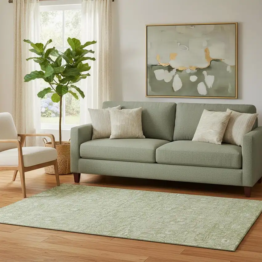 Artichoke Green And Beige Floral Washable Area Rug With UV Protection Photo 2