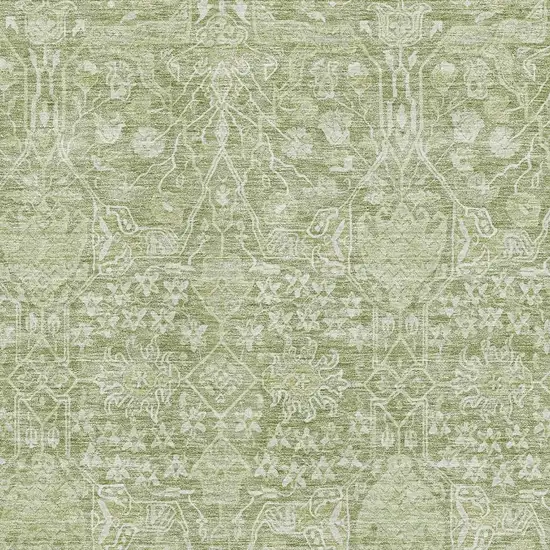 Artichoke Green And Beige Floral Washable Area Rug With UV Protection Photo 2