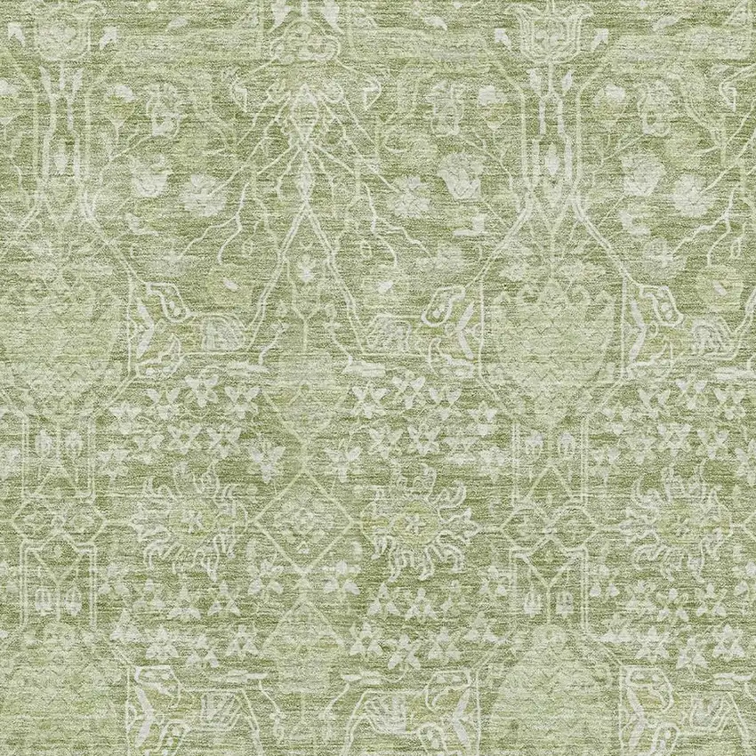 Artichoke Green And Beige Floral Washable Area Rug With UV Protection Photo 2