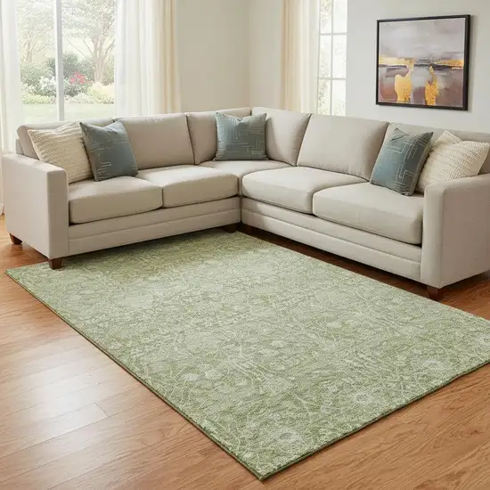 Artichoke Green And Beige Floral Washable Area Rug With UV Protection Photo 2