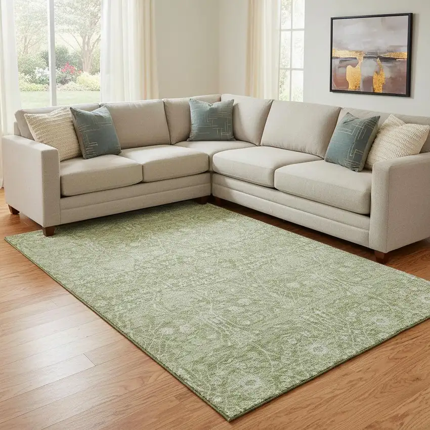 Artichoke Green And Beige Floral Washable Area Rug With UV Protection Photo 2