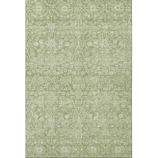 Artichoke Green And Beige Floral Washable Area Rug With UV Protection Photo 3