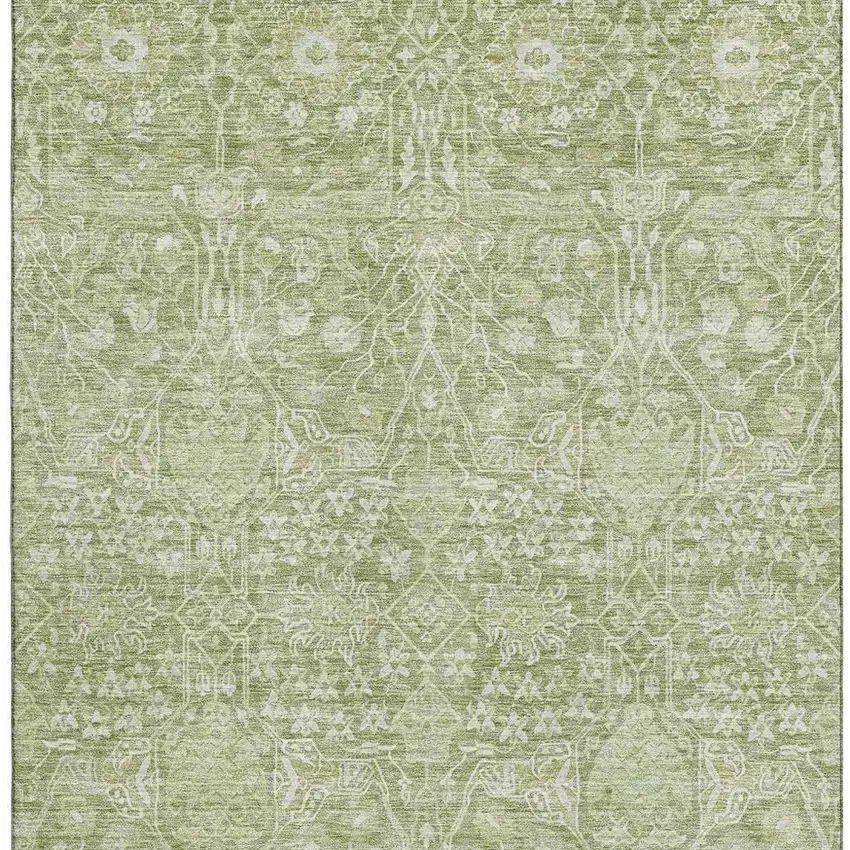 Artichoke Green And Beige Floral Washable Area Rug With UV Protection Photo 3