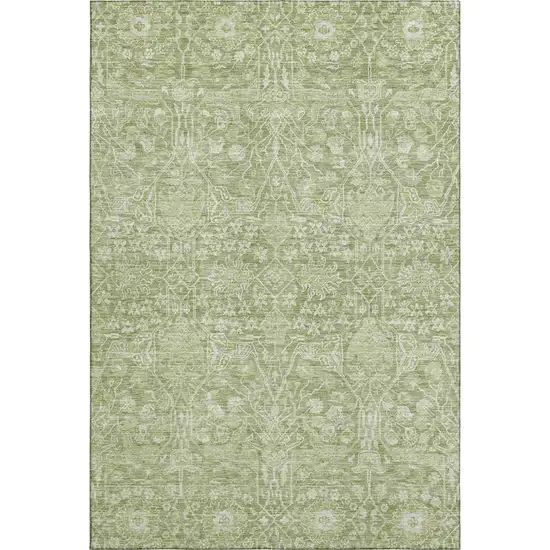 Artichoke Green And Beige Floral Washable Area Rug With UV Protection Photo 1