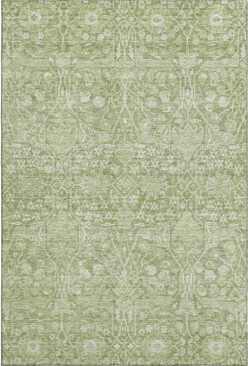 Artichoke Green And Beige Floral Washable Area Rug With UV Protection Photo 1