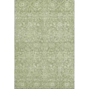 Photo of Artichoke Green And Beige Floral Washable Area Rug With UV Protection