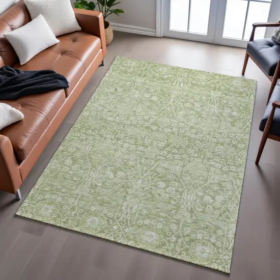 Artichoke Green And Beige Floral Washable Area Rug With UV Protection Photo 5