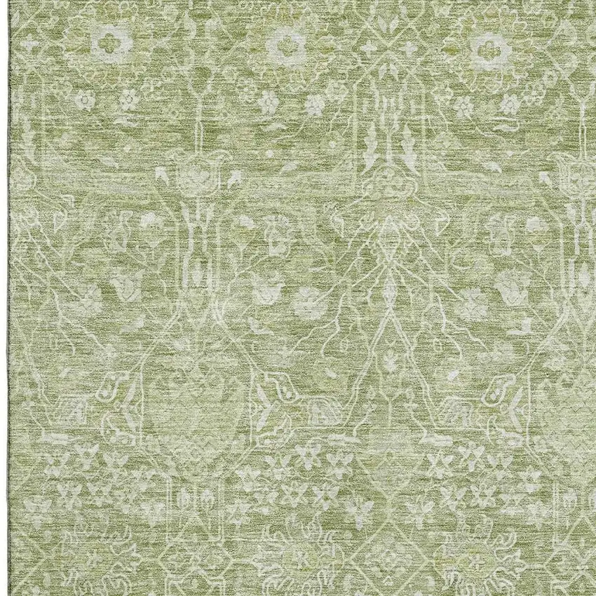 Artichoke Green And Beige Floral Washable Area Rug With UV Protection Photo 2
