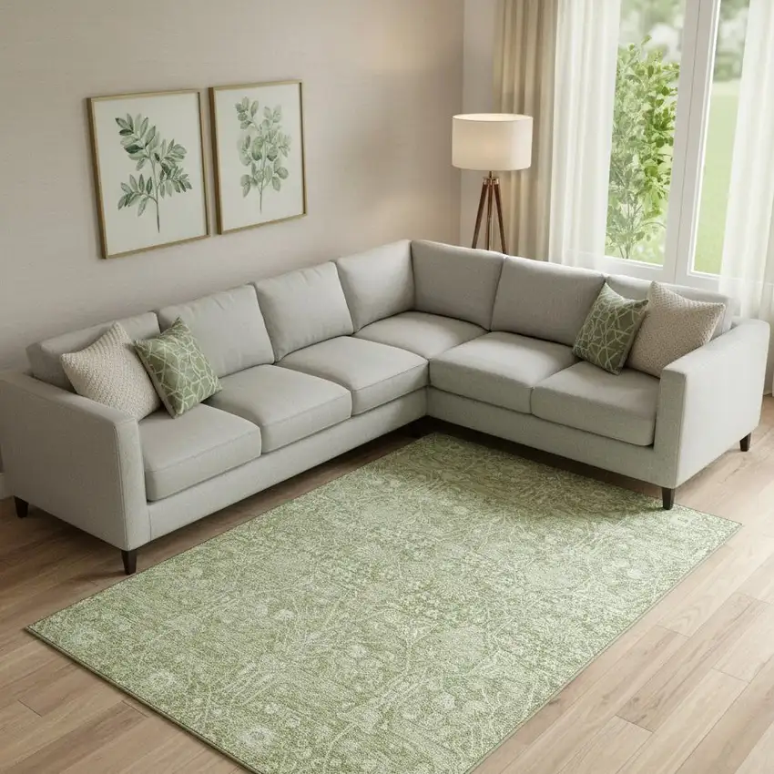 Artichoke Green And Beige Floral Washable Area Rug With UV Protection Photo 2