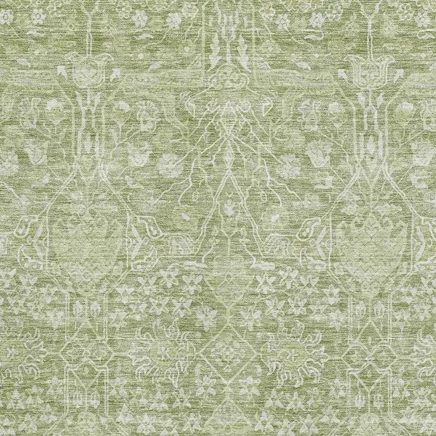 Artichoke Green And Beige Floral Washable Area Rug With UV Protection Photo 2