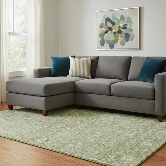 Artichoke Green And Beige Floral Washable Area Rug With UV Protection Photo 2