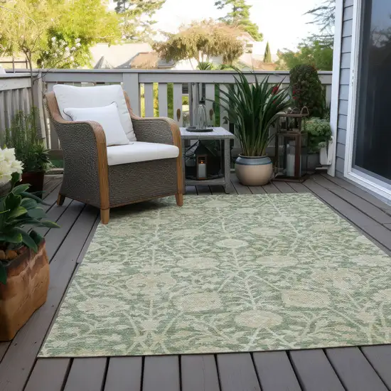 Artichoke Green And Beige Floral Washable Indoor Outdoor Area Rug Photo 9