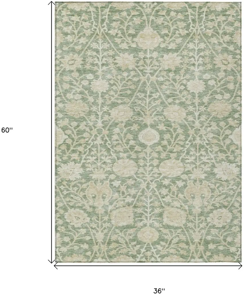 Artichoke Green And Beige Floral Washable Indoor Outdoor Area Rug Photo 6