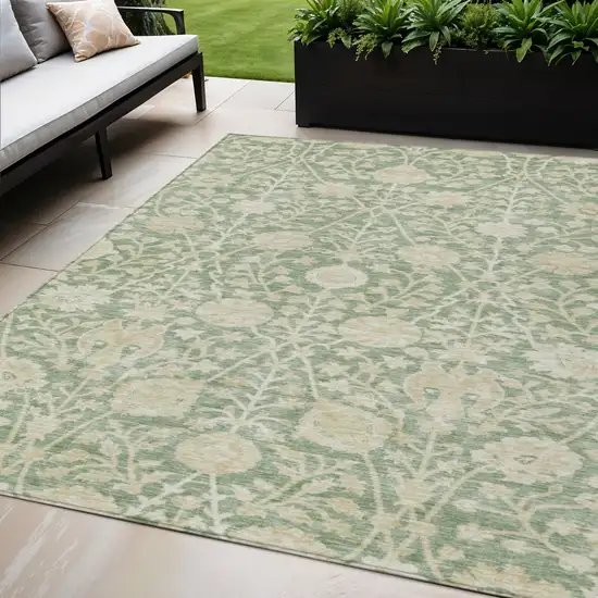 Artichoke Green And Beige Floral Washable Indoor Outdoor Area Rug Photo 1