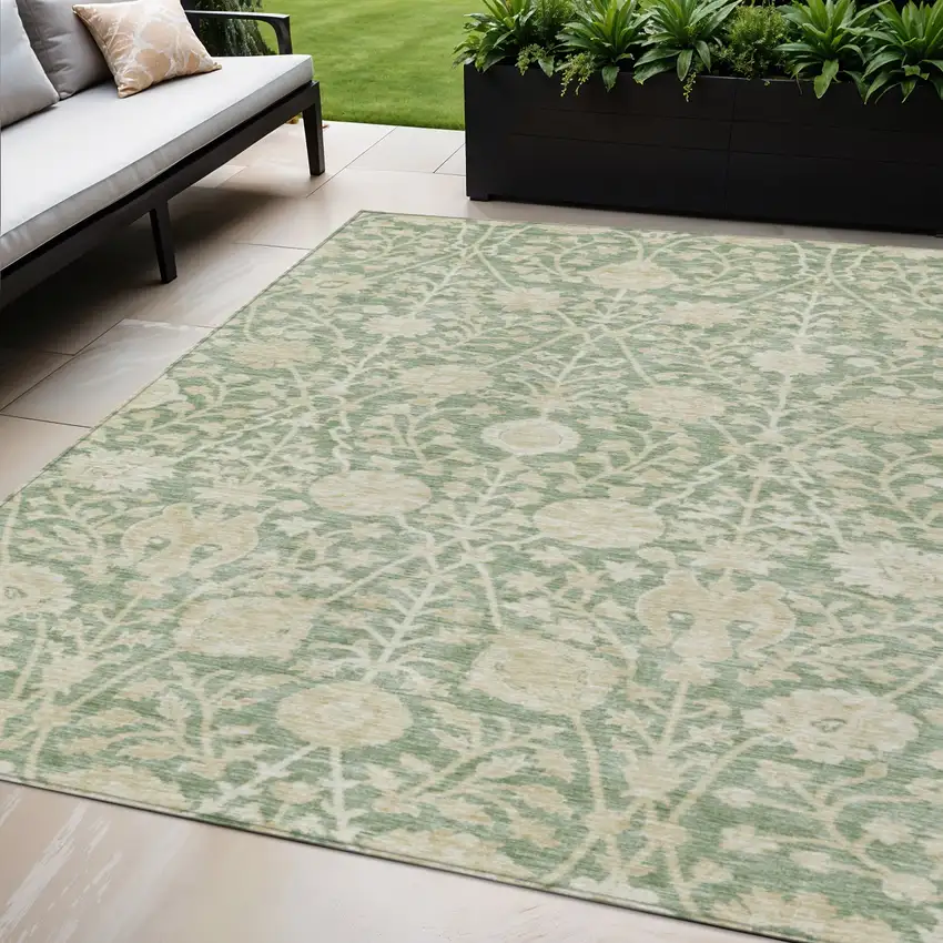 Artichoke Green And Beige Floral Washable Indoor Outdoor Area Rug Photo 1
