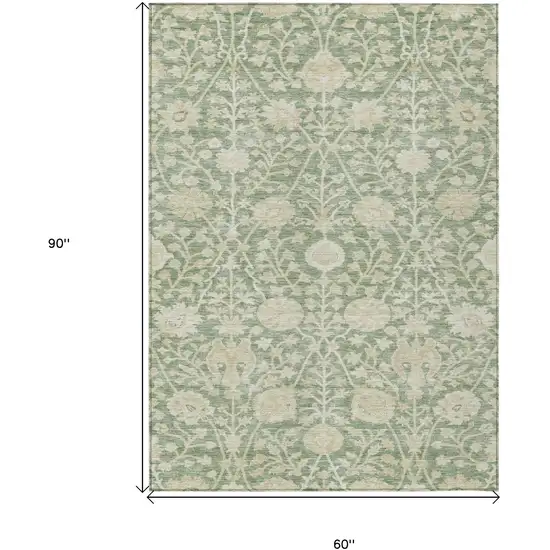 Artichoke Green And Beige Floral Washable Indoor Outdoor Area Rug Photo 7