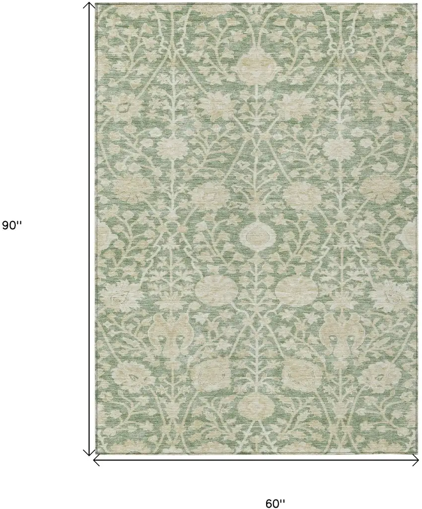 Artichoke Green And Beige Floral Washable Indoor Outdoor Area Rug Photo 7