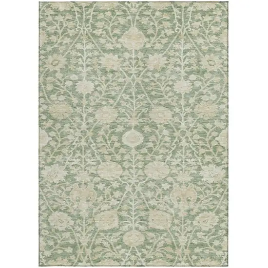 Artichoke Green And Beige Floral Washable Indoor Outdoor Area Rug Photo 6