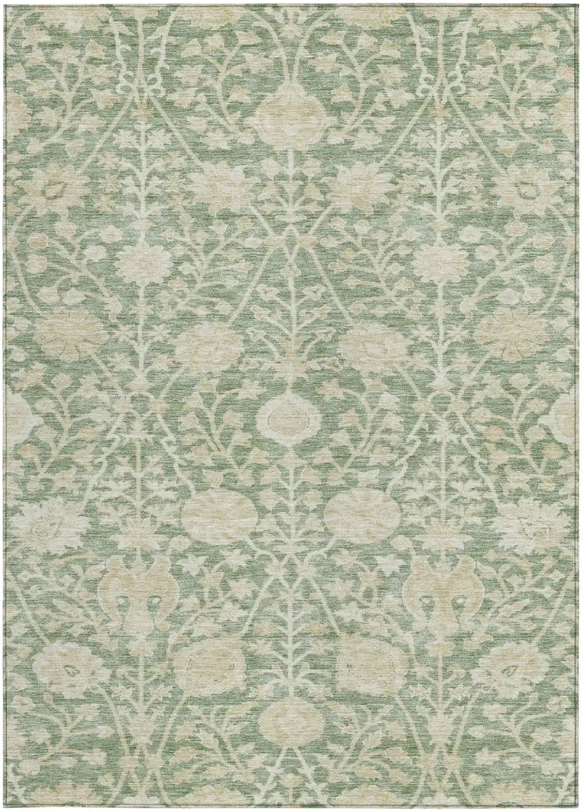 Artichoke Green And Beige Floral Washable Indoor Outdoor Area Rug Photo 6