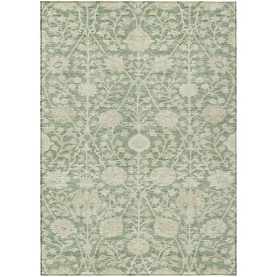 Artichoke Green And Beige Floral Washable Indoor Outdoor Area Rug Photo 2